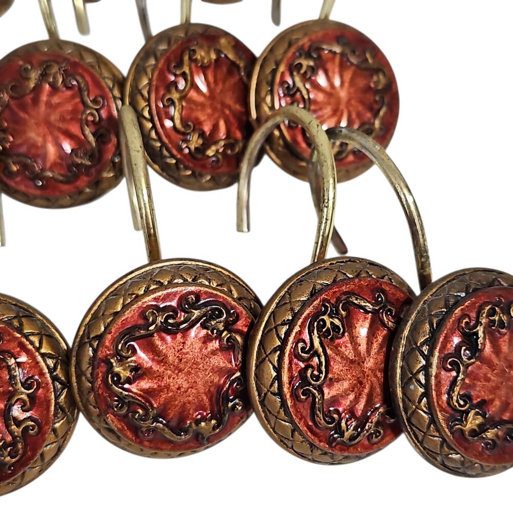 Set of 12 Shower Curtain Hooks Red Gold Ornate Bathroom Decor Whimsy